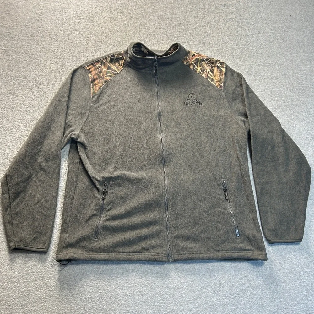 Ducks Unlimited Fleece Jacket Mens Large Gray Camo Full Zip Hunting Waterfowl